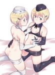  2girls ass back bare_shoulders black_gloves black_legwear blonde_hair blue_eyes breasts character_request elbow_gloves em_(totsuzen_no_hakike) glasses gloves hair_ornament hairclip hat high_heels interlocked_fingers kneeling looking_at_viewer military_hat multiple_girls navel smile strike_witches white_gloves white_legwear world_witches_series 