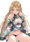  1girl bare_shoulders black_panties blonde_hair blush breasts chest_jewel cleavage cleavage_cutout closed_mouth commentary_request dress elbow_gloves emerald_(gemstone) eyebrows_visible_through_hair female_focus gem gloves hair_ornament headpiece hikari_(xenoblade_2) jewelry large_breasts long_hair looking_at_viewer navel panties seiza shoulder_armor shy simple_background sitting solo staring thigh_strap thighs tiara tomura2maru tsundere underwear very_long_hair white_background white_dress white_gloves wide_hips xenoblade_(series) xenoblade_2 yellow_eyes 