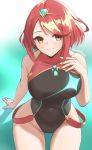  1girl bangs bare_arms black_swimsuit breasts chest_jewel covered_navel from_above homura_(xenoblade_2) jewelry large_breasts one-piece_swimsuit red_hair short_hair skeptycally smile solo swept_bangs swimsuit tiara xenoblade_(series) xenoblade_2 yellow_eyes 