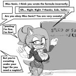  1:1 anthro big_breasts blush bodily_fluids breasts classroom cleavage clothed clothing crossgender dialogue english_text female genital_fluids hi_res huge_breasts lipstick makeup missphase monochrome pussy_juice school sex_toy sonic_the_hedgehog sonic_the_hedgehog_(series) speech_bubble stealth_masturbation sweat teacher text vibrator 