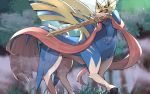  2020 ambiguous_gender blue_body blue_fur canid canine canis crowned_sword_zacian detailed_background feral fur hi_res holding_object holding_sword holding_weapon kamekiti2584 legendary_pok&eacute;mon looking_at_viewer mammal melee_weapon mouth_hold multicolored_body multicolored_fur nintendo paws pok&eacute;mon pok&eacute;mon_(species) solo sword teeth video_games weapon white_body white_fur zacian 