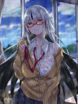 black_hair breasts cleavage closed_mouth collarbone collared_shirt contemporary dress_shirt fate/grand_order fate_(series) glasses hair_between_eyes highres hitomin_(ksws7544) koha-ace large_breasts long_hair multicolored_hair nagao_kagetora_(fate) necktie red-framed_eyewear red_neckwear shirt smile streaked_hair sweater two-tone_hair very_long_hair wet white_hair white_shirt window yellow_eyes 