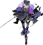  1boy armor black_pants blood boots coat eyes_visible_through_hair gloves hat highres injury japanese_armor katana kukicha male_focus military_hat minamoto_kiyomaro official_art pants purple_eyes purple_hair shoulder_armor sode sword torn_clothes torn_pants touken_ranbu transparent_background weapon white_gloves 