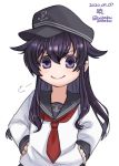  1girl akatsuki_(kantai_collection) anchor_symbol badge black_hair black_headwear black_sailor_collar bobokuboboku character_name commentary_request dated flat_cap hands_on_hips hat highres kantai_collection long_hair looking_at_viewer neckerchief purple_eyes red_neckwear sailor_collar school_uniform serafuku simple_background smug solo twitter_username white_background 