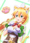  1girl animal_ears bangs blonde_hair blush bow braid breasts cat_ears cat_girl cat_tail cleavage cleavage_cutout clothing_cutout dutch_angle gloves green_eyes hair_between_eyes hair_ornament hands_up highres kemonomimi_mode ken-ji leafa long_hair looking_at_viewer medium_breasts open_mouth paw_pose paws ponytail puffy_short_sleeves puffy_sleeves red_bow short_sleeves solo striped sword_art_online tail twin_braids upper_body very_long_hair white_gloves wrist_cuffs 