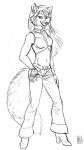  anthro black_and_white bottomwear canid canine clothing crop_top female fingerless_gloves footwear fox gloves handwear hi_res high_heels kacey looking_at_viewer mammal midriff monochrome open_mouth pants shirt shoes sketch sleeveless_shirt solo topwear 