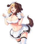 1girl animal_ears bangs bell bell_collar blonde_hair breasts brown_hair cleavage collar dog_ears dog_girl dog_tail eyebrows_visible_through_hair fangs hachiko_of_castling highres kiwoseo_meogneundas large_breasts last_origin maid maid_headdress medium_hair midriff multicolored_hair navel open_mouth paw_pose red_collar red_eyes skirt solo tail thighhighs two-tone_hair waist_cape white_legwear 