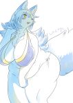  absurd_res anthro asena_(full_bokko_heroes_x) asena_(fullbokko_heroes) belly bikini blue_body blue_ears blue_fur blush breasts canid canine clothed clothing female full_bokko_heroes_x fullbokko_heroes fur fur_tuft hi_res mammal open_mouth simple_background solo swimwear tuft ukenya white_background white_body white_fur white_tail 