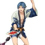  1boy arm_up artist_request bathrobe blue_eyes blue_hair eiyuu_densetsu gilbert_stein_(eiyuu_densetsu) holding male_focus official_art open_mouth short_hair simple_background solo sora_no_kiseki teeth 