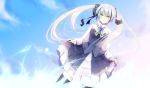  1girl alternate_costume blush destroyer_(girls_frontline) girls_frontline gothic_lolita highres lolita_fashion long_hair ribbon shirt silver_hair skirt solo thighhighs twintails very_long_hair yellow_eyes yzha022 zettai_ryouiki 