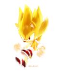  1boy animal_ears closed_mouth gloves hedgehog hedgehog_ears highres isa-415810 male_focus red_eyes red_footwear serious shoes simple_background sneakers snout sonic sonic_the_hedgehog super_sonic transformation white_background white_gloves yellow_fur 