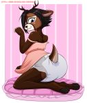  anthro antlers blush cervid cusion diaper girly hi_res hooves horn kneeling looking_at_viewer male mammal paddedulf pose solo 