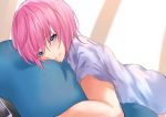  1girl absurdres bangs blue_eyes blurry blurry_background blush closed_mouth depth_of_field eyebrows_visible_through_hair hair_between_eyes highres indoors lying nijisanji on_stomach pillow pink_hair shirt short_sleeves smile solo virtual_youtuber white_shirt window yuki_maccha_(yukimattya10) yuuhi_riri 