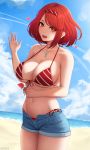  1girl :o alternate_costume bangs bare_shoulders beach bikini blue_sky blush breasts chest_jewel cleavage cloud denim denim_shorts food gem hairband halterneck hand_up heart highres homura_(xenoblade_2) large_breasts navel ocean open_mouth outdoors popsicle red_bikini red_eyes red_hair red_shirt shirt shore short_hair short_shorts shorts sidelocks sky standing stomach swept_bangs swimsuit thighs underboob water waves waving xenoblade_(series) xenoblade_2 zaphn 
