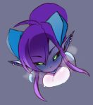  1girl bangs black_sclera blue_skin blush demon_girl ear_piercing glowing glowing_eyes green_eyes grey_background horns kanel licking looking_at_viewer medium_hair original piercing pointy_ears purple_hair saliva simple_background testicle_licking testicles tongue 