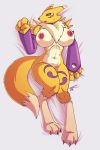  anthro arm_warmers armwear big_breasts breasts chest_tuft clothing curvy_figure digimon digimon_(species) female hi_res hourglass_figure looking_at_viewer lying navel nude on_back pinup pose renamon solo teer thick_thighs tuft wide_hips 