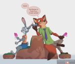  2019 anthro bottomwear brown_body brown_fur canid canine clothed clothing dialogue disney duo english_text food fox fully_clothed fur green_eyes grey_body grey_fur holding_food holding_object judy_hopps lagomorph leporid mammal necktie nick_wilde pants popsicle purple_eyes rabbit red_fox ruffu shirt shorts simple_background sitting speech_bubble text topwear zootopia 