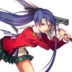  1girl artist_request bangs eiyuu_densetsu holding holding_sword holding_weapon laura_s._arzeid long_hair long_sleeves looking_at_viewer official_art open_mouth plaid purple_hair sen_no_kiseki simple_background solo sword v-shaped_eyebrows weapon 