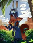  2019 anthro belt binoculars bottomwear brown_body brown_fur building canid canine carrying city clothed clothing cloud dialogue disney duo english_text fox fully_clothed fur grey_body grey_fur holding_object judy_hopps lagomorph leporid mammal necktie nick_wilde on_shoulders outside palm_tree pants plant police_uniform rabbit red_fox ruffu shirt sky speech_bubble text topwear tree uniform zootopia 