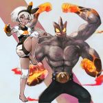  1girl barefoot breasts byte_(grunty-hag1) commentary_request fighting_stance furrowed_eyebrows gen_1_pokemon gigantamax gigantamax_machamp gloves grey_eyes machamp open_mouth pokemon pokemon_(game) pokemon_swsh saitou_(pokemon) short_hair simple_background single_glove small_breasts standing standing_on_one_leg white_background white_hair 