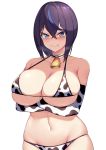  1girl arms_under_breasts bangs bare_shoulders bell bikini black_hair blue_eyes blush breasts choker cleavage closed_mouth collarbone commentary_request cow_bell crossed_bangs elbow_gloves eyebrows_visible_through_hair gloves halterneck heart heart-shaped_pupils kuavera large_breasts looking_at_viewer miyako_(kuavera) mole mole_under_mouth multicolored_hair navel original smile standing stomach streaked_hair sweatdrop swimsuit symbol-shaped_pupils underboob 