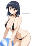  1girl ball bare_arms bare_shoulders beachball black_choker black_hair blush breasts character_name choker cleavage commentary_request cowboy_shot harukon_(halcon) highres holding holding_ball large_breasts leaning_forward looking_at_viewer navel parted_lips red_eyes school_rumble short_hair simple_background skindentation solo stomach tsukamoto_yakumo white_background 
