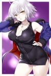  1girl absurdres ahoge bangs black_dress blush border breasts cowboy_shot dress eyebrows_visible_through_hair fate/grand_order fate_(series) fur_collar fur_trim hair_between_eyes hand_on_hip highres jacket jeanne_d&#039;arc_(alter)_(fate) jeanne_d&#039;arc_(fate)_(all) jewelry large_breasts necklace onsoku_inu open_clothes open_jacket purple_background short_hair silver_hair solo tsurime white_border wicked_dragon_witch_ver._shinjuku_1999 yellow_eyes 