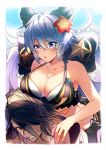  1boy 1girl anger_vein animal_ears baal_(granblue_fantasy) bikini bow breast_rest breasts breasts_on_head flower granblue_fantasy hair_bow hair_flower hair_ornament hair_over_one_eye large_breasts long_hair low_twintails satyr_(granblue_fantasy) swimsuit twintails 