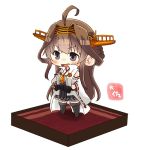  1girl ahoge artist_name black_eyes black_skirt boots brown_hair carpet chibi detached_sleeves double_bun hairband hands_on_hips headgear isometric japanese_clothes kantai_collection kongou_(kantai_collection) long_hair popped_collar remodel_(kantai_collection) ribbon-trimmed_sleeves ribbon_trim simple_background skirt smile solo standing taisa_(kari) thigh_boots thighhighs white_background 
