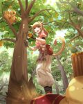  1girl ahoge animal_ears basket blonde_hair cat_ears cat_tail chocobo dappled_sunlight fat_chocobo final_fantasy final_fantasy_xiv fingerless_gloves food from_below fruit gloves gourd green_eyes happy highres jar looking_at_viewer looking_down miqo&#039;te nature ojiki orange outdoors picking_fruit ponytail puffy_short_sleeves puffy_sleeves sash short_sleeves slit_pupils smile standing_on_animal sunlight tail tree 