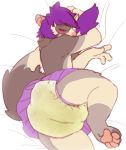  absurd_res ambiguous_gender anthro bed bedroom_eyes blush bodily_fluids brown_body diaper domestic_ferret embarrassed furniture genital_fluids hair hardscales hi_res lying mammal mustela mustelid musteline narrowed_eyes on_side pawpads purple_hair seductive simple_background solo tail_hug urine waking_up wet_diaper wetting 