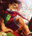  anthro arcanine blue_eyes breasts canid canine christmas claws depth_of_field exposed_shoulders female gift hair holidays long_hair looking_at_viewer mammal mane momobeda nintendo pok&eacute;mon pok&eacute;mon_(species) red_hair ribbons solo stripes toes video_games 