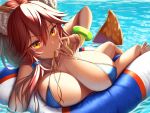  1girl animal_ear_fluff animal_ears bangs barefoot bikini blue_bikini bracelet breasts cleavage collarbone day fate/grand_order fate_(series) fox_ears fox_tail hair_between_eyes jewelry large_breasts long_hair looking_at_viewer lying outdoors solo swimsuit tail tamamo_(fate)_(all) tamamo_no_mae_(swimsuit_lancer)_(fate) water wet zukky 