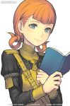  1girl annette_fantine_dominic blue_eyes book closed_mouth fire_emblem fire_emblem:_three_houses garreg_mach_monastery_uniform holding holding_book long_sleeves marfrey open_book orange_hair simple_background smile solo twintails uniform upper_body watermark web_address white_background 
