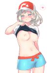  1girl areolae ayumi_(pokemon) baseball_cap blue_eyes blush breasts closed_mouth collarbone commentary_request cropped_legs eyebrows_visible_through_hair grey_hair hat heart lactation looking_at_viewer medium_breasts navel nipples ooshio7734 pokemon pokemon_(game) pokemon_lgpe shirt shirt_lift short_shorts short_sleeves shorts simple_background solo spoken_heart standing white_background 