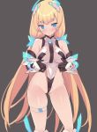  1girl :o angela_balzac ass_visible_through_thighs bangs bare_shoulders black_gloves blade_(galaxist) blonde_hair blue_eyes blush breasts commentary_request deva_battle_suit elbow_gloves eyebrows_visible_through_hair gloves grey_background groin hair_ornament headgear impossible_clothes impossible_leotard large_breasts leotard leotard_lift lifted_by_self long_hair looking_at_viewer low_twintails parted_lips rakuen_tsuihou simple_background skindentation solo standing thigh_strap twintails very_long_hair white_leotard 