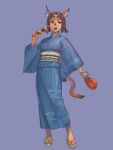  1girl animal_ear_fluff animal_ears avatar_(ff11) bangs blue_kimono blue_pupils brown_hair cat_ears cat_girl cat_tail dark-skinned_female dark_skin facial_mark final_fantasy final_fantasy_xi food full_body geta japanese_clothes kebab kimono mithra_(ff11) open_mouth parted_bangs purple_background short_hair short_twintails simple_background solo standing tail teeth twintails wide_sleeves yuccoshi 