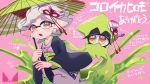  +_+ 1girl artist_logo brown_eyes chichi_band commentary_request domino_mask dual_persona earrings food food_on_head gradient_hair green_hair grey_hair grey_kimono hair_ornament haori holding holding_umbrella hotaru_(splatoon) japanese_clothes jewelry kimono long_sleeves looking_at_viewer mask mole mole_under_eye multicolored_hair obi object_on_head open_mouth oriental_umbrella paint_splatter pink_background pointy_ears sash short_hair splatoon_(series) splatoon_2 squid sushi tentacle_hair tied_hair translation_request umbrella wide_sleeves 