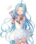  1girl ^_^ ^o^ achan_(blue_semi) ahoge blue_hair blush choker closed_eyes cowboy_shot dress granblue_fantasy highres holding_manga long_hair lyria_(granblue_fantasy) simple_background sleeveless smile solo very_long_hair white_background white_dress 