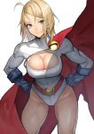  1girl 55level absurdres ahoge bangs belt blue_eyes blue_gloves breasts cape cleavage cleavage_cutout closed_mouth commentary_request dc_comics gloves hands_on_hips hands_up highres large_breasts leotard lips long_sleeves power_girl red_cape shiny shiny_hair shiny_skin short_hair simple_background smile solo thighs turtleneck white_background white_leotard 