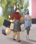  black_hair blue_eyes bottomwear canid canine clothing eyes_closed female fenavi_montaro fennec feretta fox fur grey_body grey_fur hair hi_res mammal muscular muscular_female red_fox silver_fox skirt turtleneck vix_(feretta) yellow_body yellow_fur 