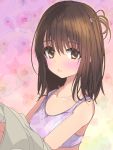  1girl bangs bare_shoulders blush breasts brown_eyes brown_hair eyebrows_visible_through_hair floral_background looking_at_viewer medium_hair miruriyurushi one_side_up original parted_lips shirt_removed small_breasts solo sports_bra sweat sweaty_clothes undressing upper_body 