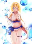  1girl alice_schuberg bikini blonde_hair blue_eyes blue_ribbon blush breasts cleavage commentary_request eyebrows_visible_through_hair hairband highres large_breasts long_hair navel one_eye_closed ponytail ribbon shi-2 solo swimsuit sword_art_online sword_art_online_alicization thigh_ribbon very_long_hair water white_bikini white_hairband 