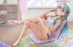  1girl aqua_hair bare_shoulders barefoot blush bra bra_slip breasts chiwa_(chiwa0617) cleavage crossed_legs curtains dated eyebrows_visible_through_hair food from_side full_body green_eyes hair_ornament hairclip highres holding holding_food holding_spoon ice_cream indoors kantai_collection large_breasts long_hair looking_at_viewer midriff orange_juice panties purple_bra purple_panties sitting solo spoon spoon_in_mouth suzuya_(kantai_collection) twitter_username underwear window wooden_spoon 