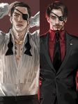  2boys arms_behind_head bandages black_hair black_pants dress_shirt eyebrows eyepatch facial_hair formal jane_mere jewelry looking_at_viewer majima_gorou male_focus multiple_boys necklace older pants red_background red_eyes ryuu_ga_gotoku ryuu_ga_gotoku_0 ryuu_ga_gotoku_5 shirt short_hair simple_background suit tied_hair younger 