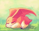  ambiguous_gender bat_wings digimon digimon_(species) eyes_closed feral grass head_wings lying mammal membrane_(anatomy) membranous_wings orange_body patamon psydoktor sleeping smile wings 