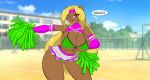  abs anthro bikini blonde_hair bottomwear brown_body brown_fur cheerleader clothing female fur hair long_hair looking_at_viewer mammal mastergodai open_mouth pom_poms purple_eyes skirt smile smiling_at_viewer solo swimwear tennis_court tongue ursid 