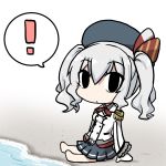  ! 1girl anchor_symbol barefoot beach bikini bow chibi commentary_request epaulettes eyebrows_visible_through_hair frilled_sleeves frills goma_(gomasamune) grey_hair hair_between_eyes hat hat_bow highres jacket kantai_collection kashima_(kantai_collection) looking_at_viewer pleated_skirt sitting skirt solo spoken_exclamation_mark swimsuit twintails water 