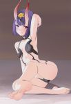  1girl arm_behind_head arm_up armad armpits ass bangs bare_shoulders barefoot bob_cut breasts closed_mouth collarbone eyeliner fang fate/grand_order fate_(series) feet headpiece horns legs looking_at_viewer makeup oni oni_horns purple_eyes purple_hair revealing_clothes short_hair shuten_douji_(fate/grand_order) sitting skin-covered_horns small_breasts smile soles solo toes 