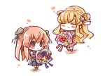  2girls blonde_hair blush_stickers bouquet brown_eyes chibi commentary_request double_bun dress fletcher_(kantai_collection) flower hair_ornament hairband heart holding holding_bouquet johnston_(kantai_collection) kantai_collection light_brown_hair long_hair miko_(35nikomi) multiple_girls purple_eyes star star_hair_ornament two_side_up 